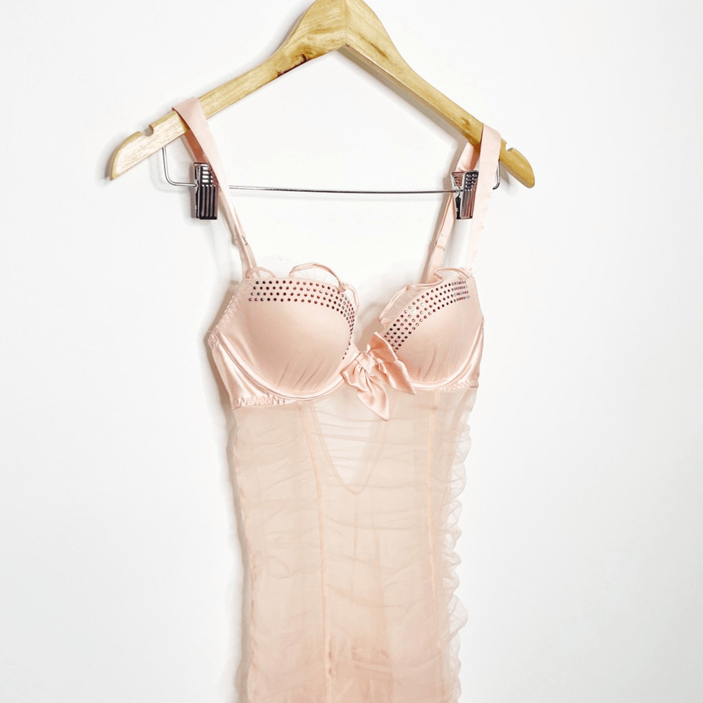 y2k 00s Victoria's Secret Garter Mesh Dress baby pink underwired womens 34B - Picture 3 of 8